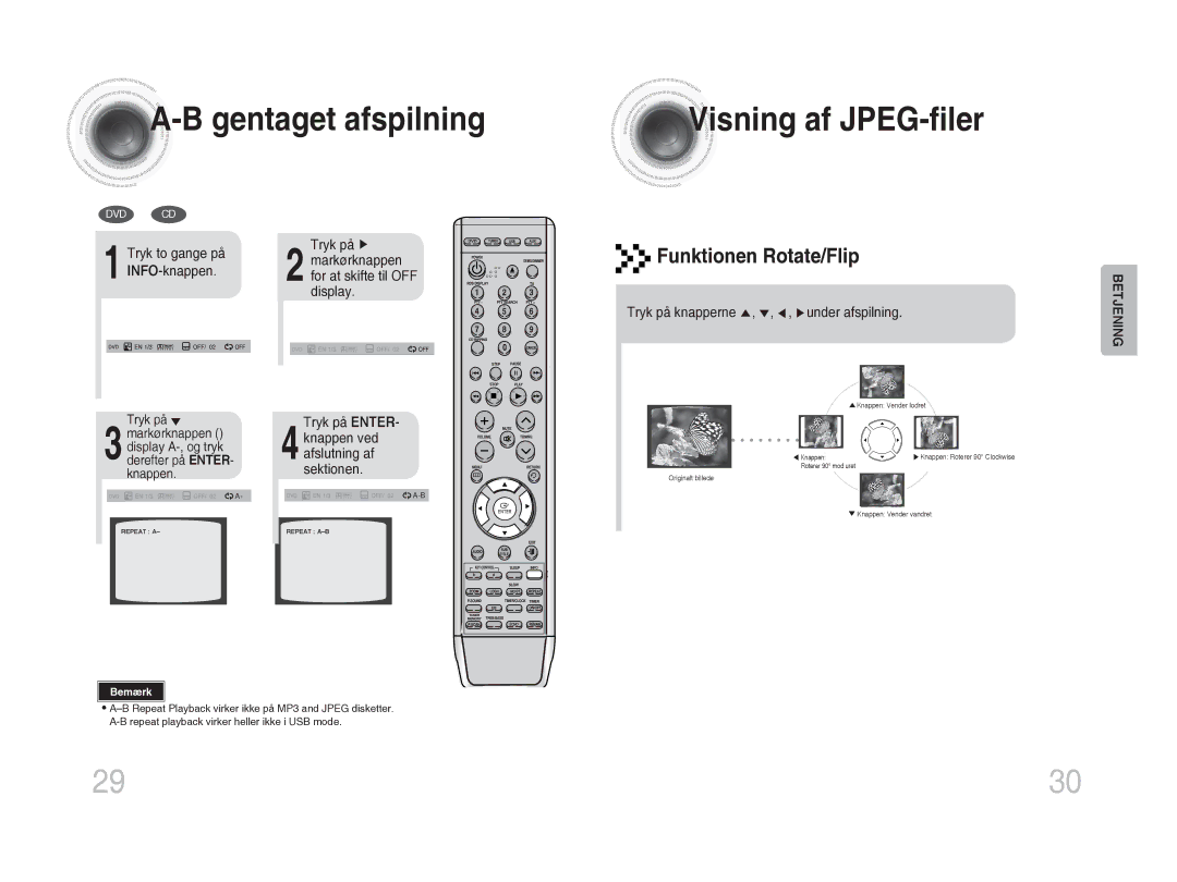 Samsung MM-DA25R/XEE Gentaget afspilning Visning af JPEG-filer, Funktionen Rotate/Flip, Tryk to gange på INFO-knappen 