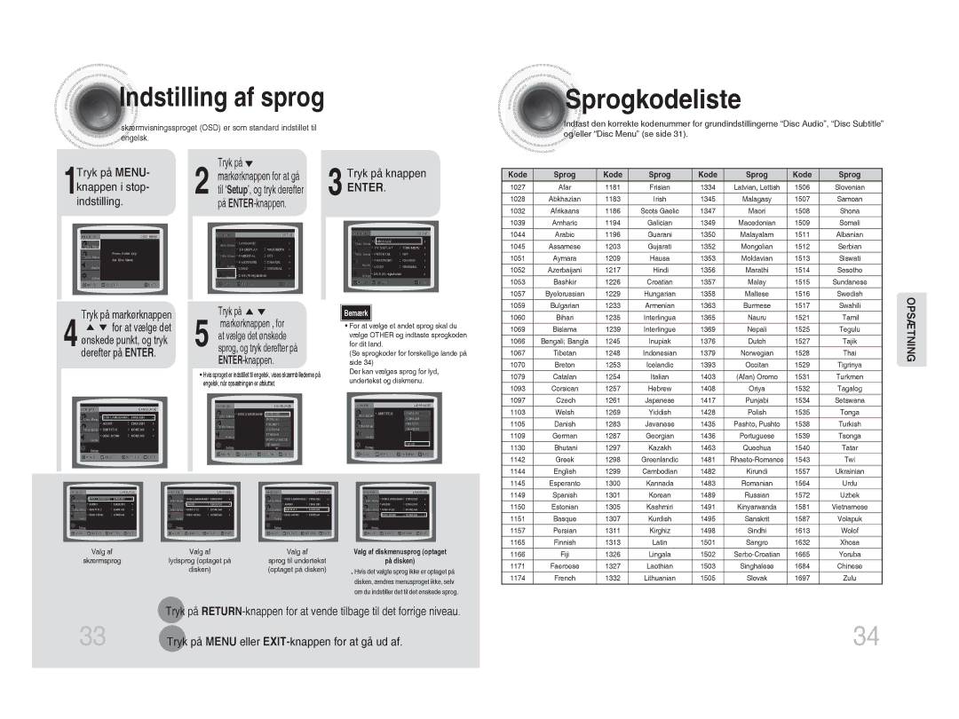 Samsung MM-DA25R/XEE manual Indstilling af sprog, Sprogkodeliste 