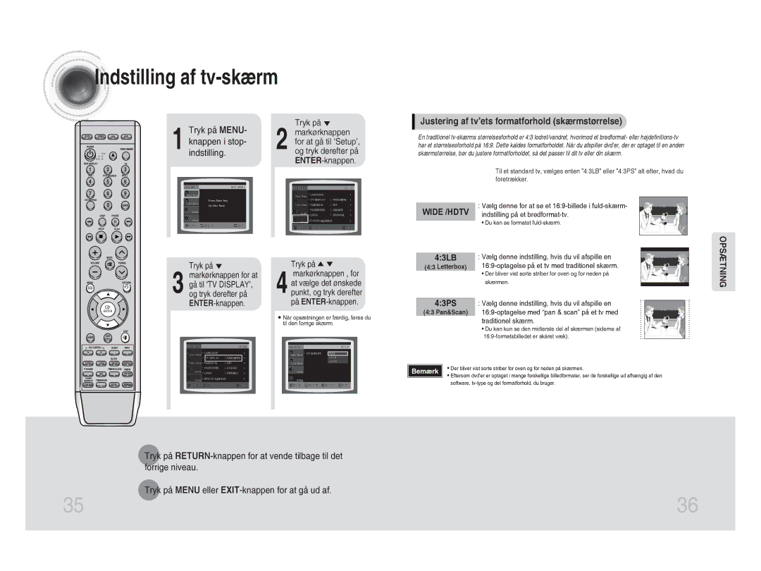 Samsung MM-DA25R/XEE manual Indstilling af tv-skærm, Justering af tv’ets formatforhold skærmstørrelse, Tryk på 