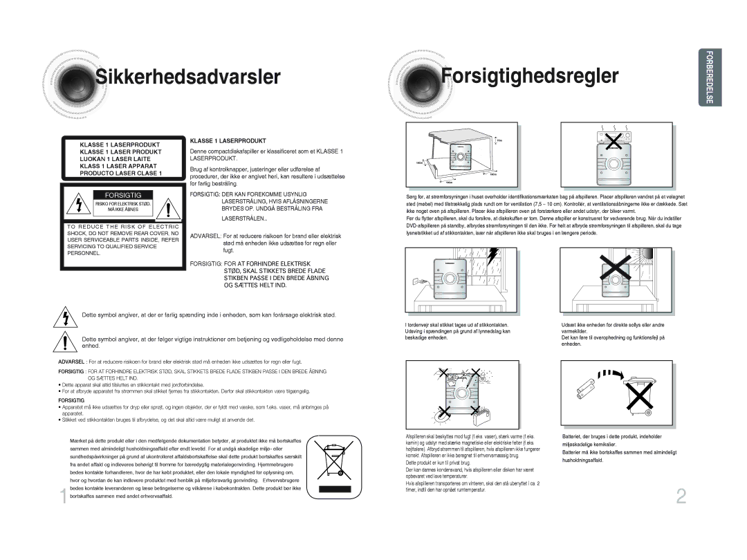 Samsung MM-DA25R/XEE manual Sikkerhedsadvarsler Forsigtighedsregler 