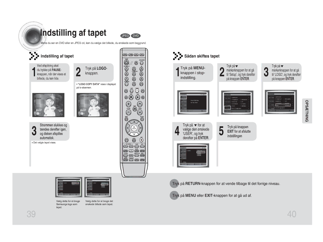 Samsung MM-DA25R/XEE manual Indstilling af tapet 