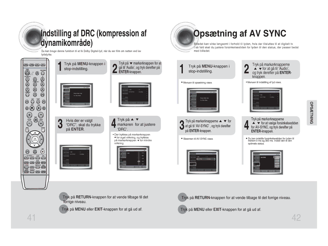 Samsung MM-DA25R/XEE manual Opsætning af AV Sync, Stop-indstilling, Tryk på RETURN-knappen for at vende tilbage til det 