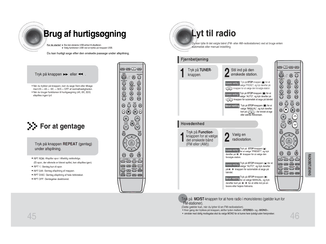 Samsung MM-DA25R/XEE manual Lyt til radio, Fjernbetjening, Hovedenhed 