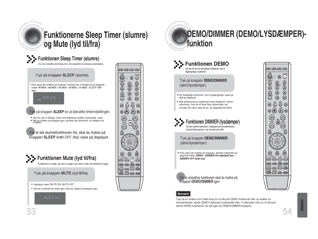 Samsung MM-DA25R/XEE manual Funktionen Sleep Timer slumre, Funktionen Mute lyd til/fra, Funktionen Demo 