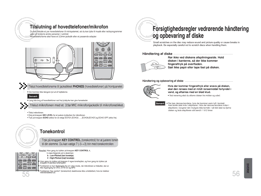 Samsung MM-DA25R/XEE manual Håndtering af diske, Der kommer ikke længere lyd ud af højttalerne, Mikrofonstikket ud 