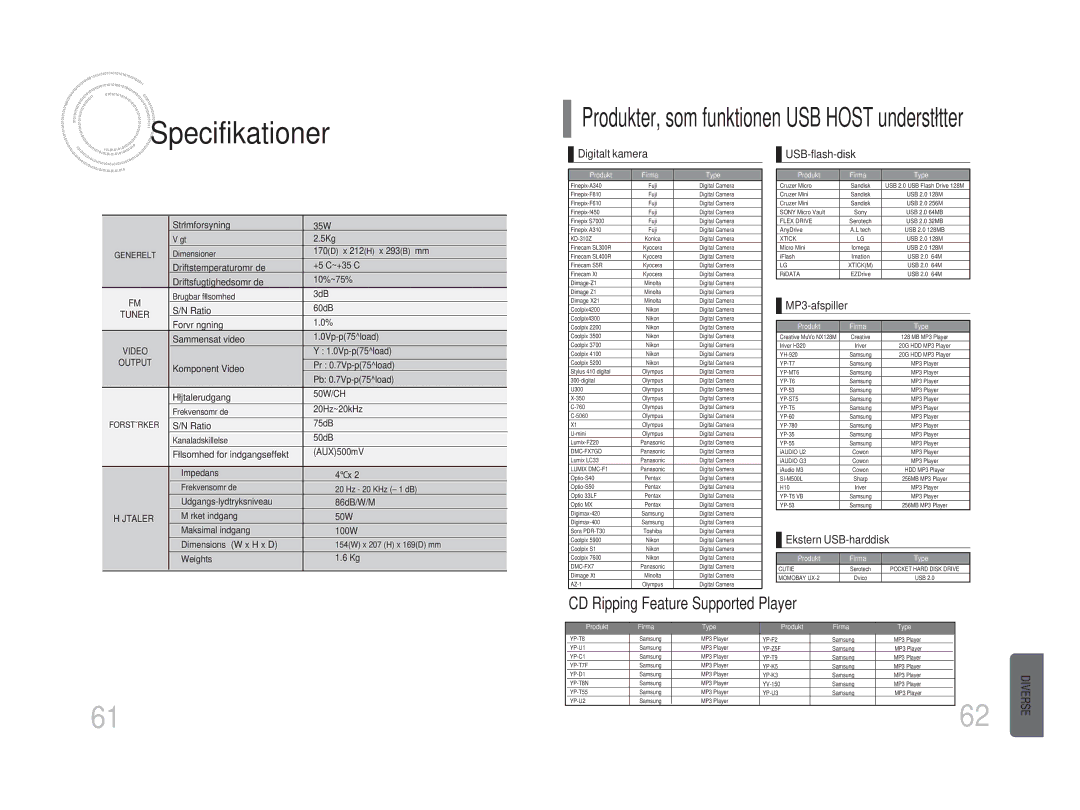 Samsung MM-DA25R/XEE manual Specifikationer 