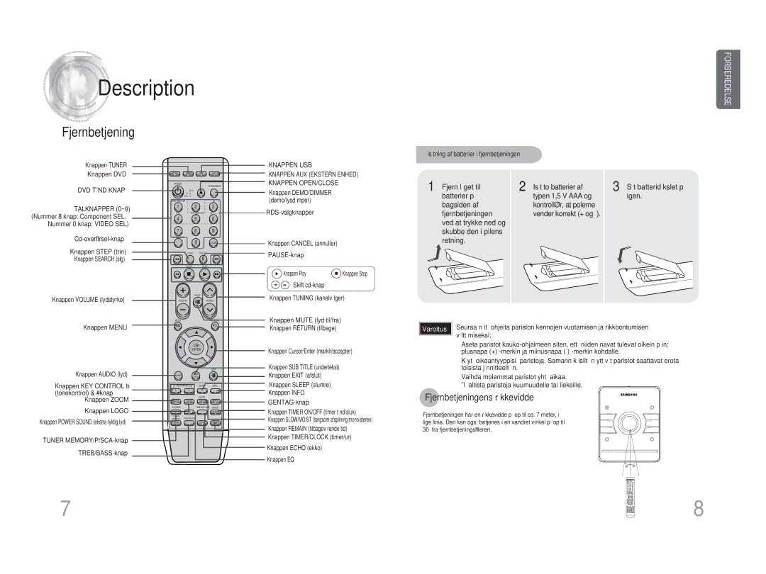 Samsung MM-DA25R/XEE manual Description, Fjernbetjeningens rækkevidde, Sæt batteridækslet på igen, Knappen Play 