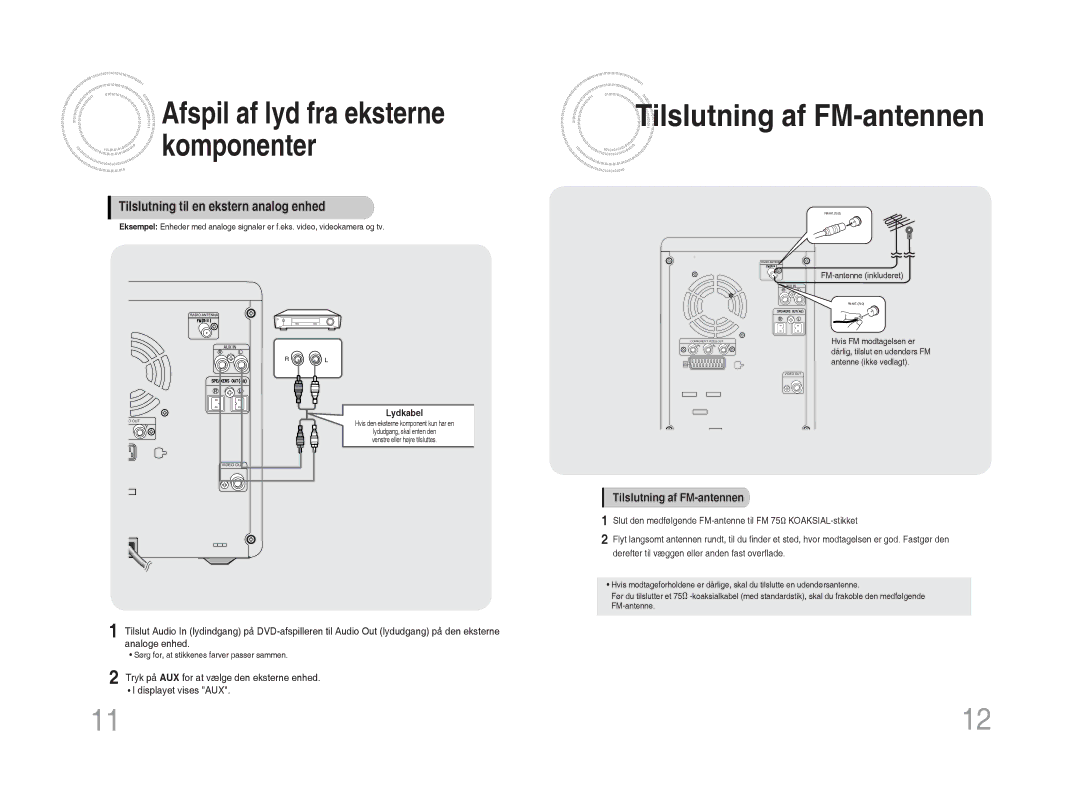 Samsung MM-DA25R/XEE manual Afspil af lyd fra eksterne, Komponenter, Tilslutning til en ekstern analog enhed, Lydkabel 