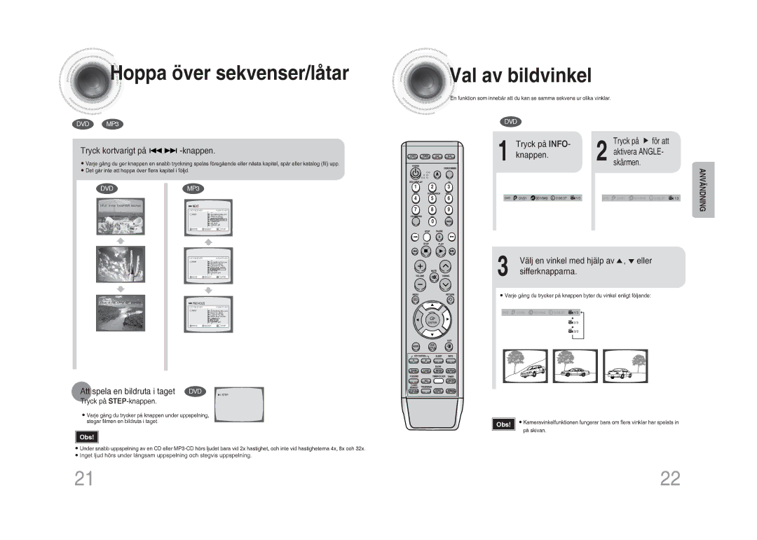 Samsung MM-DA25R/XEE manual Hoppa över sekvenser/låtar, Val av bildvinkel 