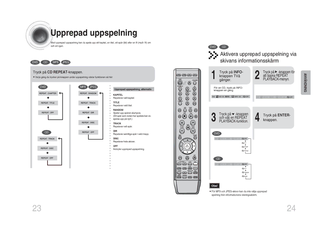 Samsung MM-DA25R/XEE manual Upprepad uppspelning, Tryck på CD REPEAT-knappen, Gånger.knappen TVå, PLAYBACK-menyn 