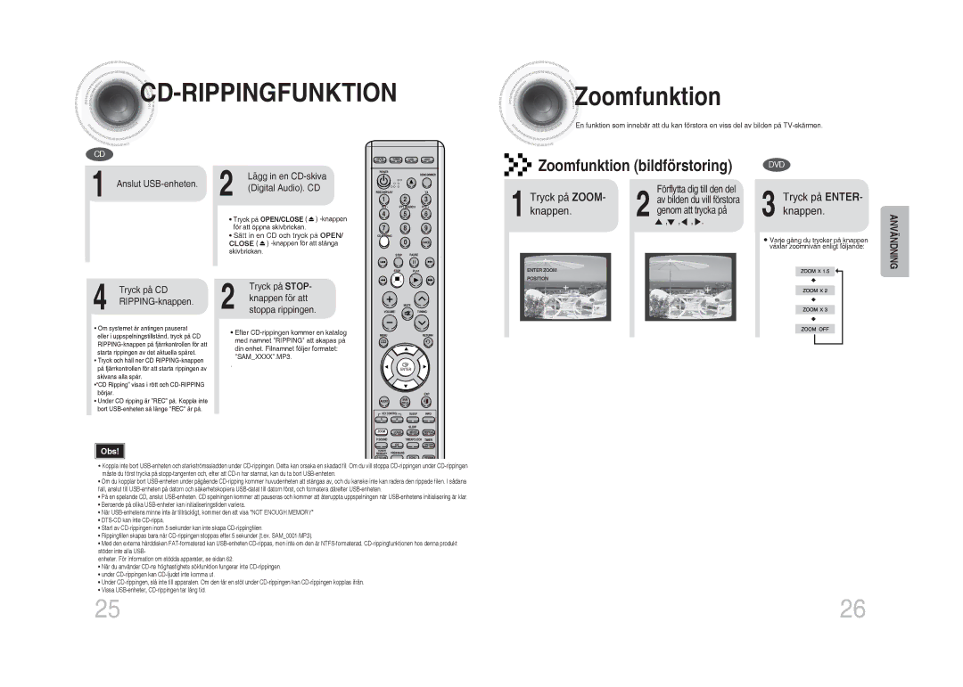 Samsung MM-DA25R/XEE manual CD -RIPPINGFUNKTION Zoomfunktion, Tryck på Zoom, Tryck på ENTER- knappen 