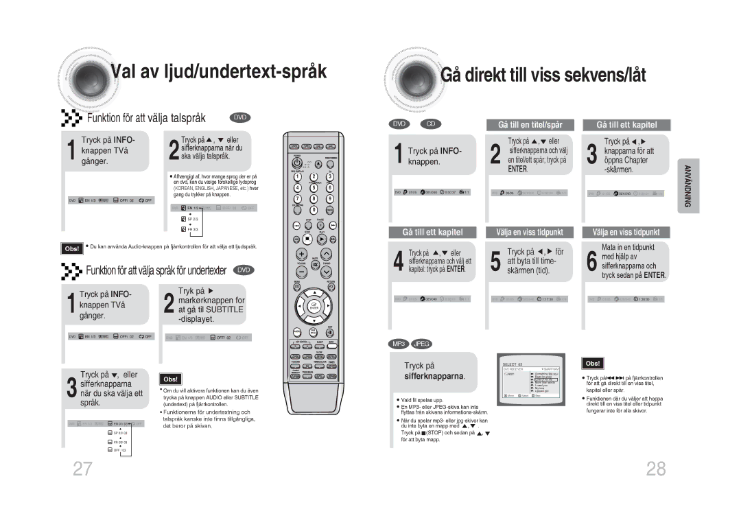 Samsung MM-DA25R/XEE manual Val av ljud/undertext-språk, Sifferknapparna 