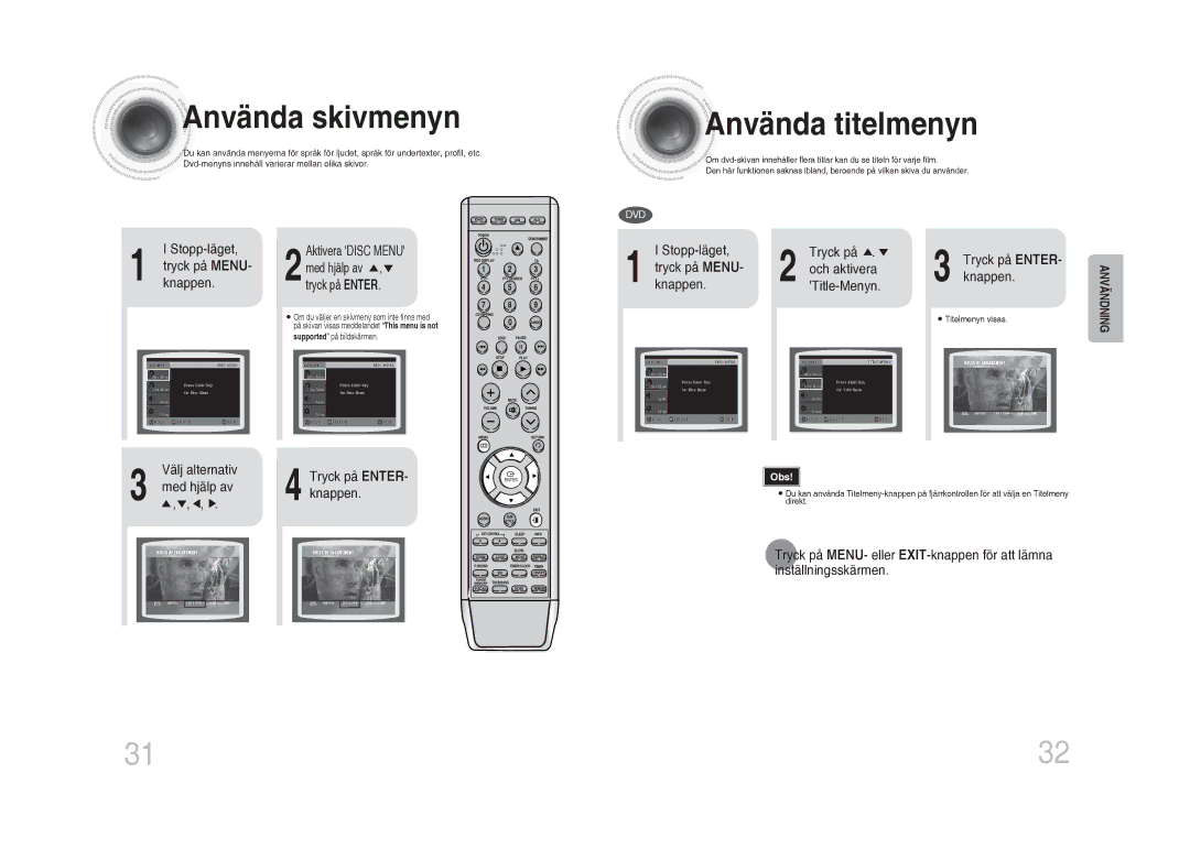 Samsung MM-DA25R/XEE manual Använda skivmenyn, Använda titelmenyn 