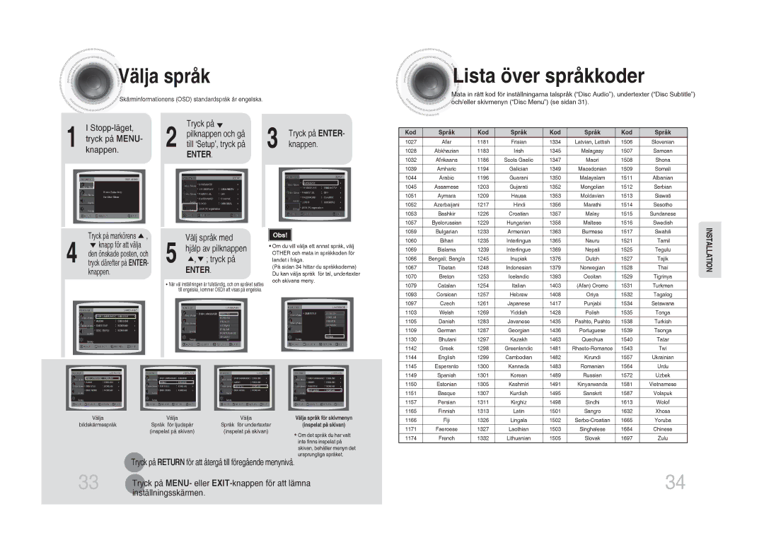 Samsung MM-DA25R/XEE manual Välja språk, Lista över språkkoder 