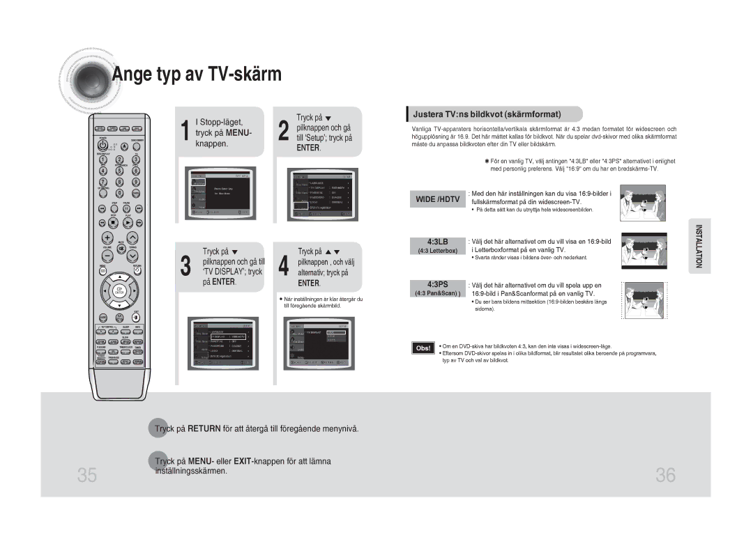 Samsung MM-DA25R/XEE manual Ange typ av TV-skärm, Justera TVns bildkvot skärmformat 