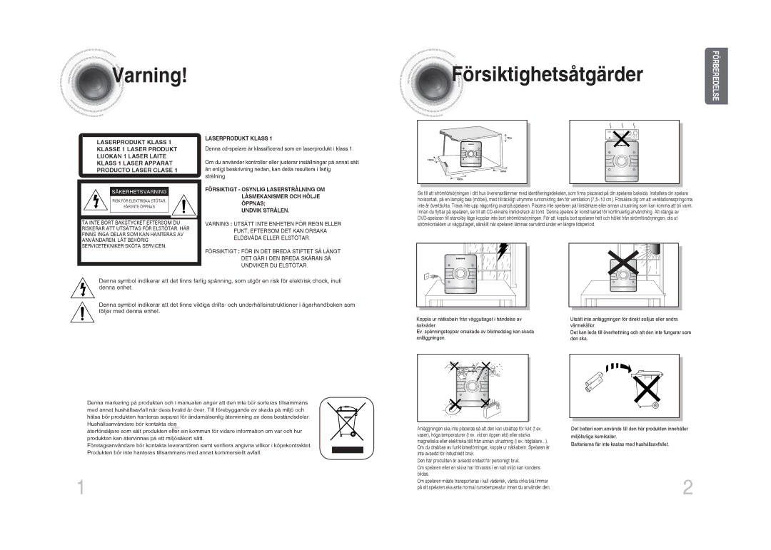 Samsung MM-DA25R/XEE manual Varning Försiktighetsåtgärder, Säkerhetsvarning 