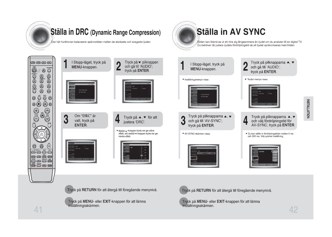 Samsung MM-DA25R/XEE manual Tryck på pilknapparna , och gå till ‘AUDIO’ Tryck på Enter, Tryck på , för att, Justera ‘DRC’ 