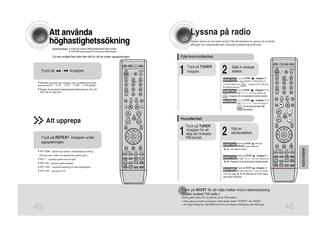 Samsung MM-DA25R/XEE manual Lyssna på radio, Fjärrkontrollenhet, Huvudenhet 