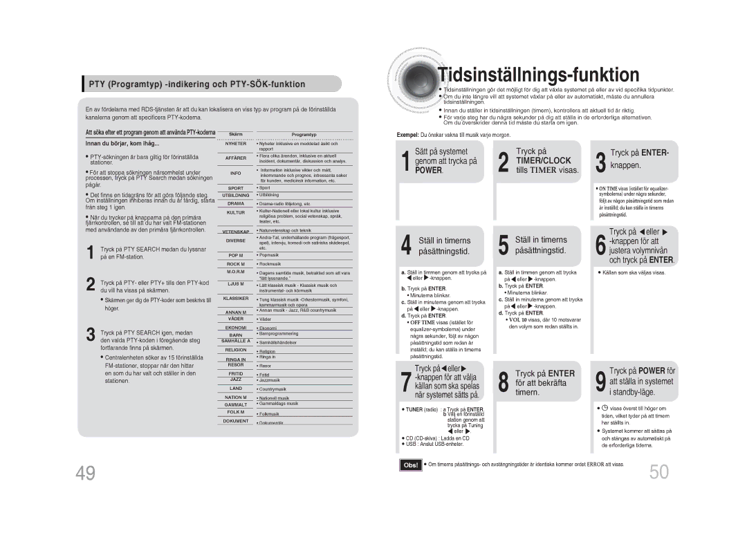 Samsung MM-DA25R/XEE manual Tidsinställnings -funktion, PTY Programtyp -indikering och PTY-SÖK-funktion 