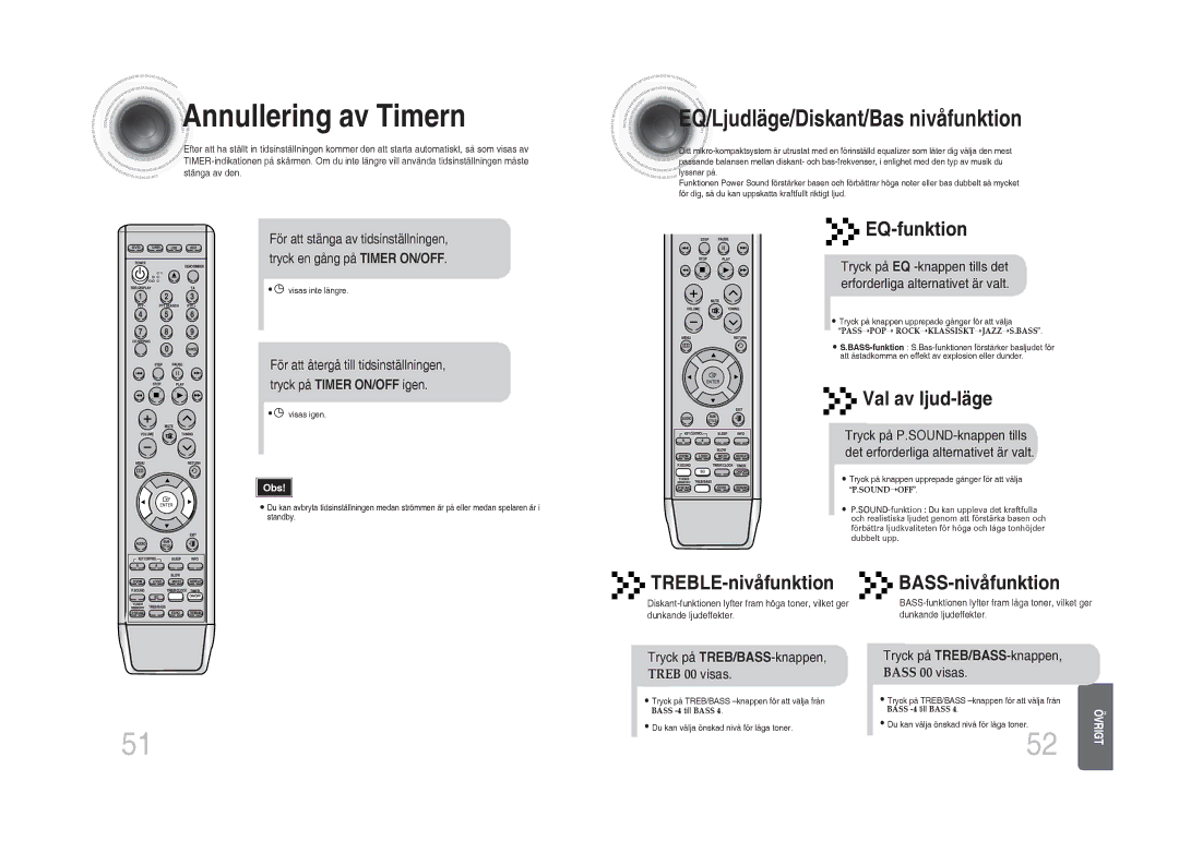 Samsung MM-DA25R/XEE Annullering av Timern, EQ-funktion, Val av ljud-läge, BASS-nivåfunktion, Tryck på TREB/BASS-knappen 