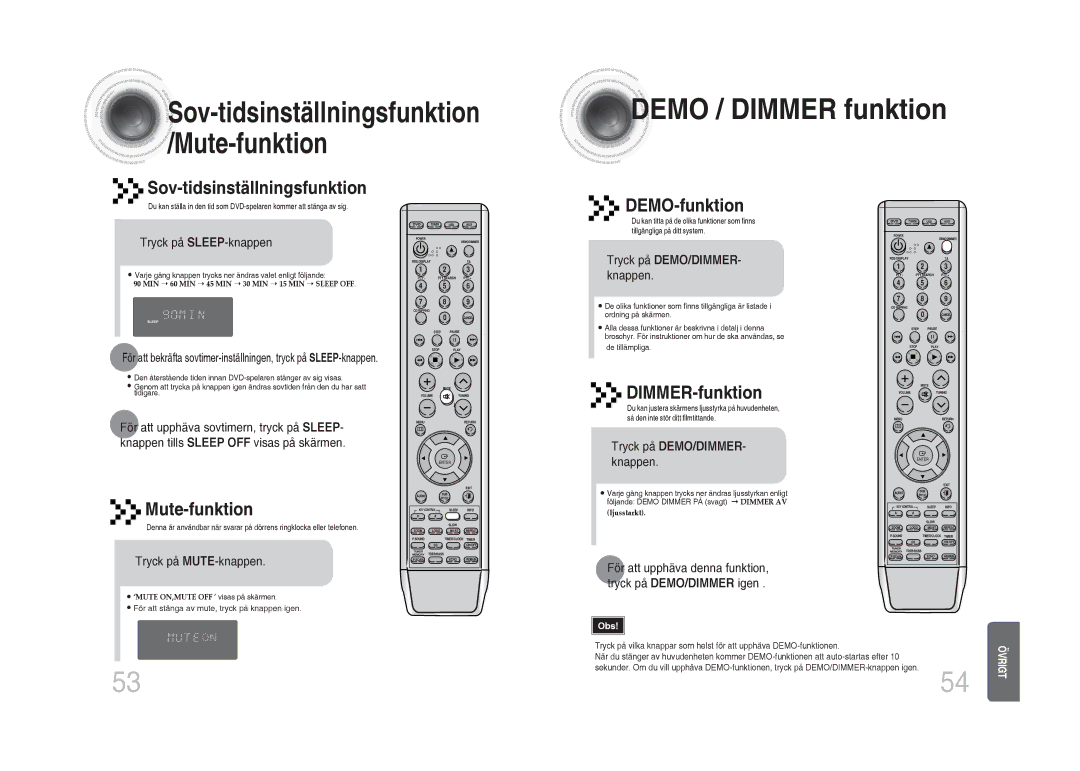 Samsung MM-DA25R/XEE Demo / Dimmer funktion, Sov-tidsinställningsfunktion, Mute-funktion, DEMO-funktion, DIMMER-funktion 