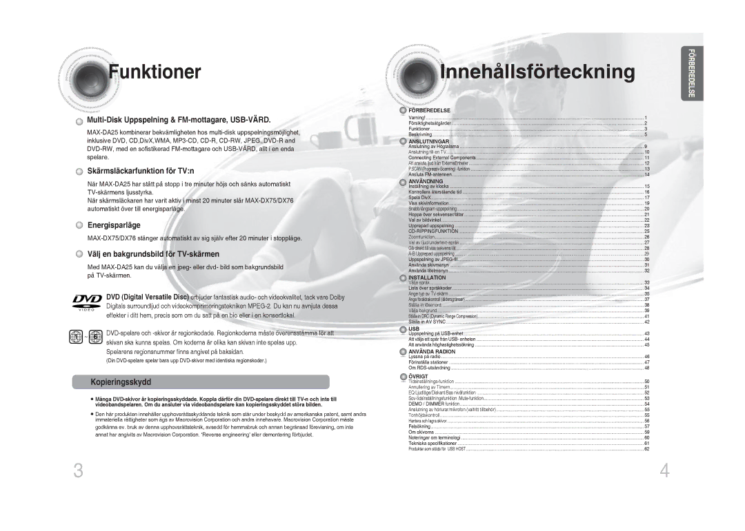 Samsung MM-DA25R/XEE Funktioner, Innehållsförteckning, Kopieringsskydd, Spelarens regionsnummer finns angivet på baksidan 