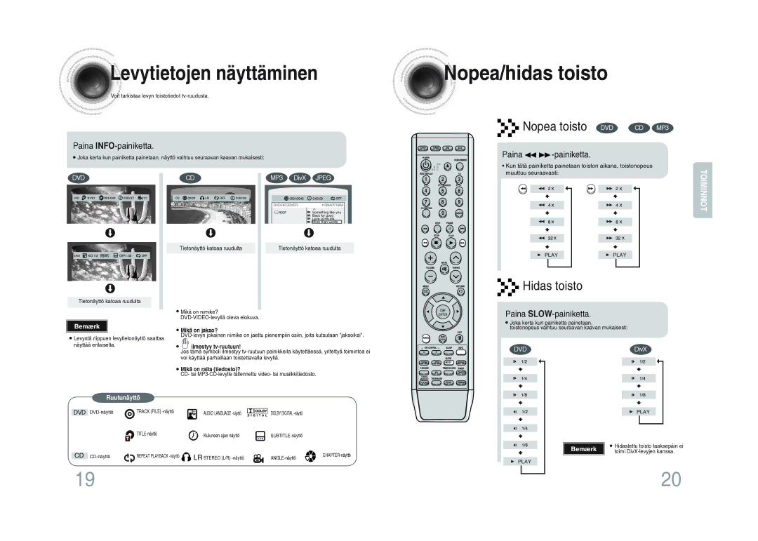 Samsung MM-DA25R/XEE manual Levytietojen näyttäminen, Nopea/hidas toisto, Paina INFO-painiketta, Painiketta 