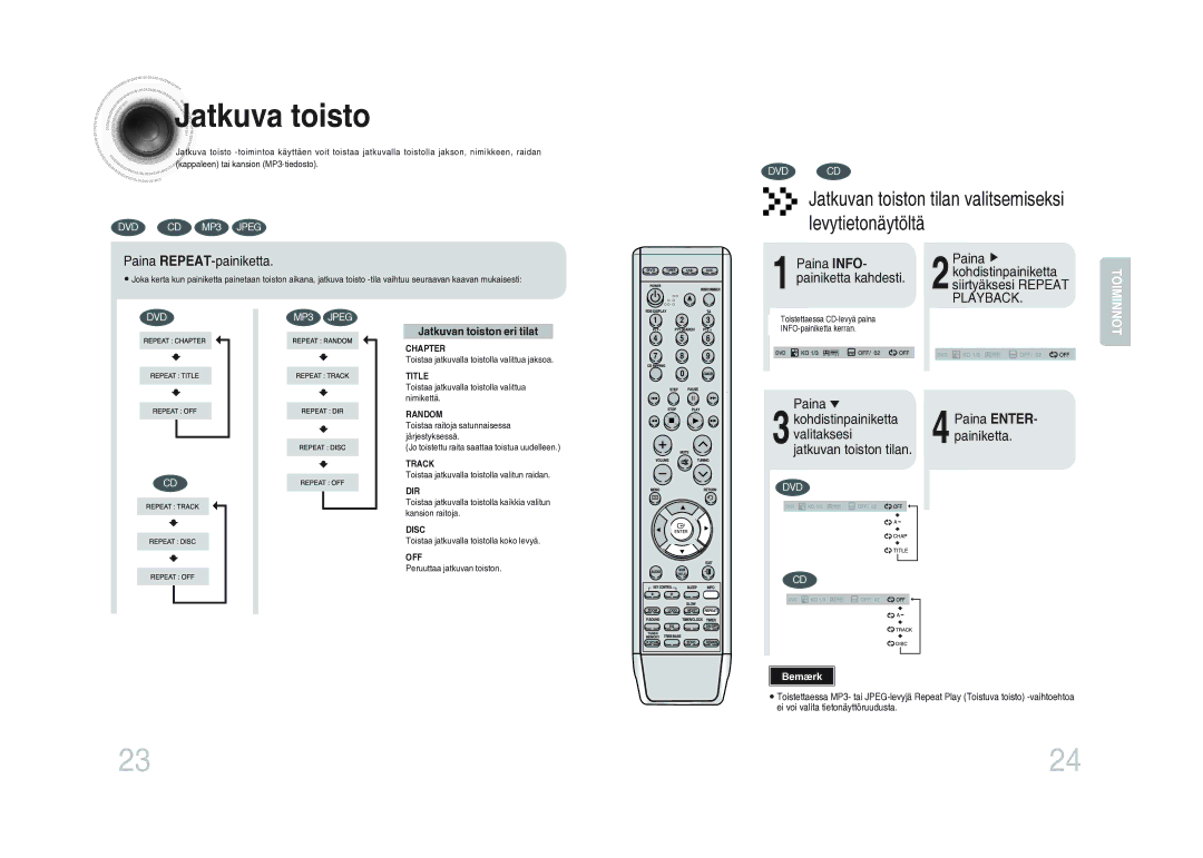 Samsung MM-DA25R/XEE manual Jatkuva toisto, Paina REPEAT-painiketta, Paina Info Kohdistinpainiketta Painiketta kahdesti 