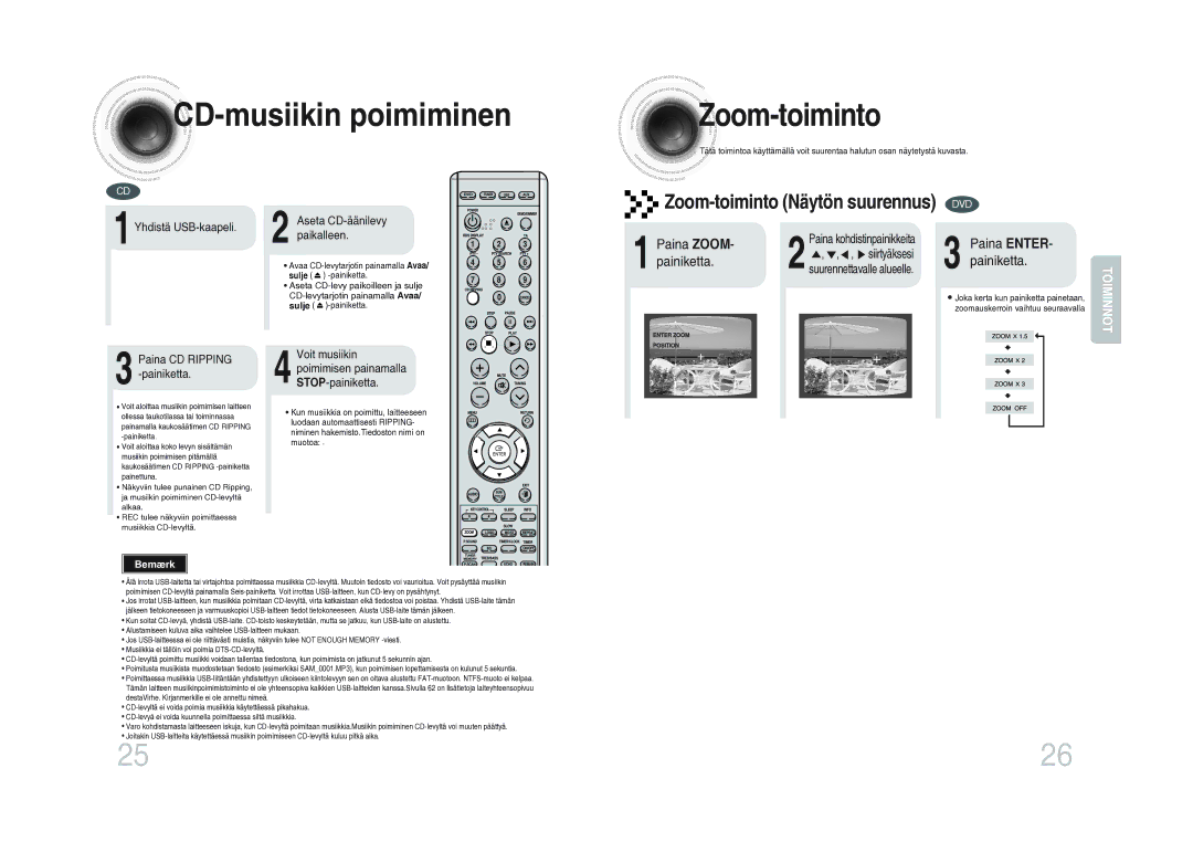 Samsung MM-DA25R/XEE CD -musiikin poimiminen Zoom -toiminto, Zoom-toiminto Näytön suurennus DVD, Paina Zoom, Siirtyäksesi 