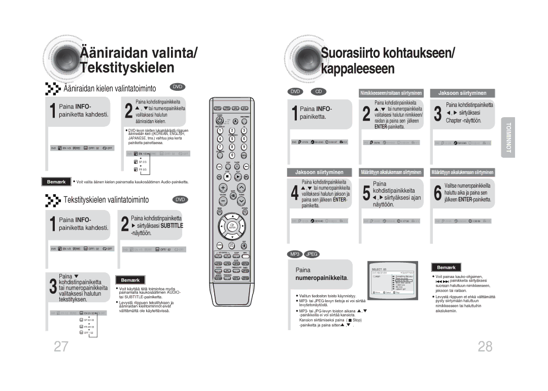 Samsung MM-DA25R/XEE manual Kohdistipainikkeita, Siirtyäksesi ajan, Numeropainikkeita, 1Paina INFO- painiketta kahdesti 