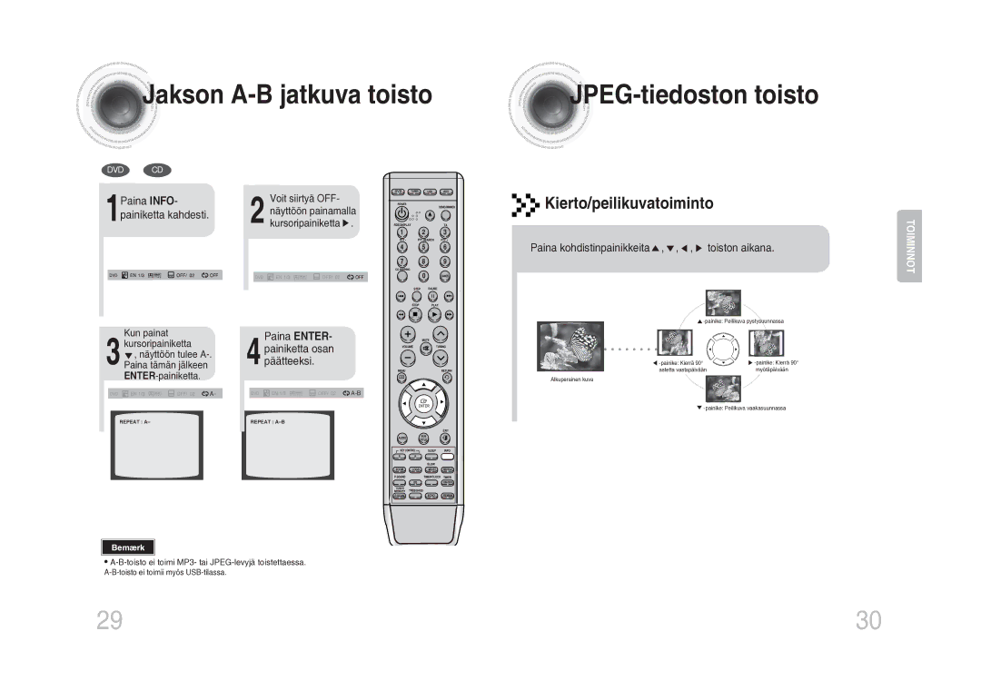 Samsung MM-DA25R/XEE manual Jakson A-B jatkuva toisto Jpeg -tiedoston toisto, Kierto/peilikuvatoiminto, Paina Enter 