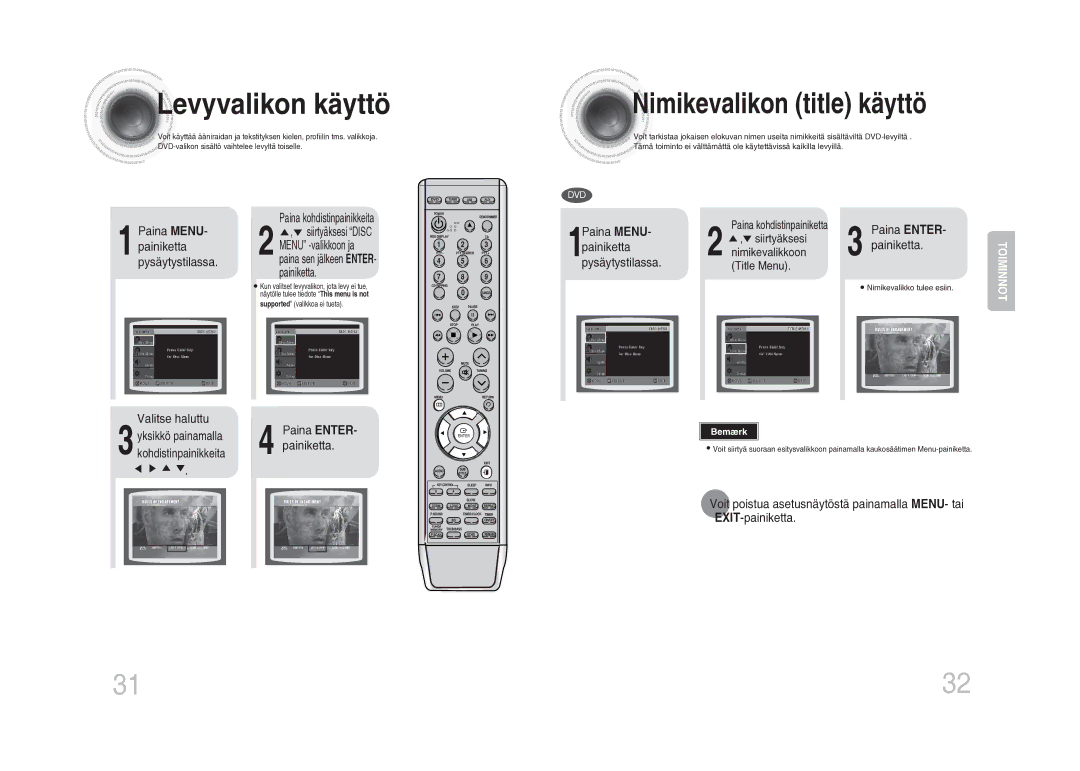 Samsung MM-DA25R/XEE manual Levyvalikon käyttö, Nimikevalikon title käyttö 