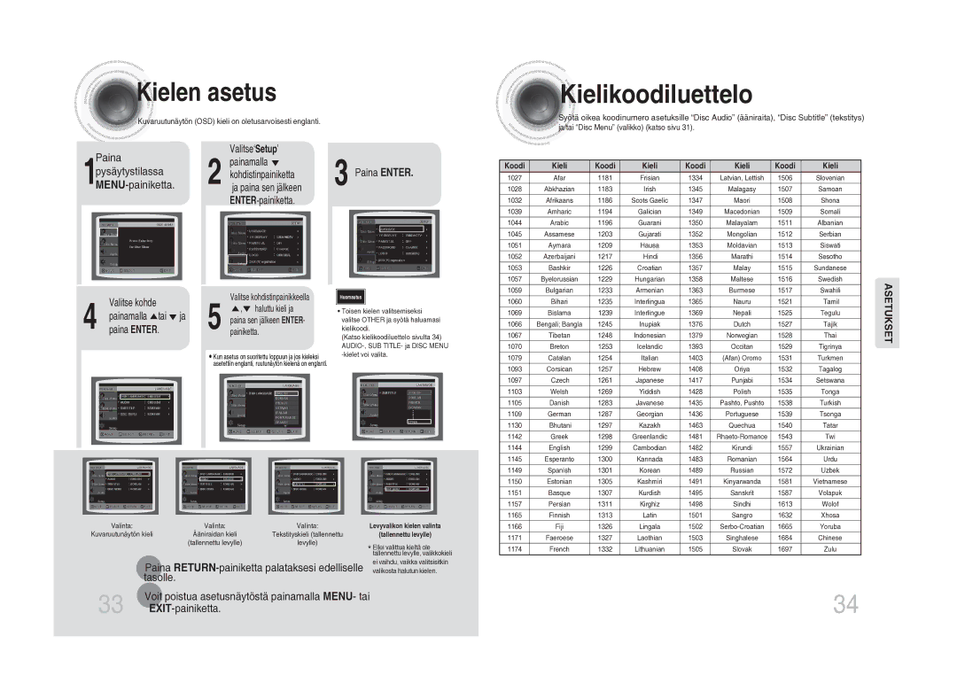 Samsung MM-DA25R/XEE Kielen asetus, Kielikoodiluettelo, Paina Valitse‘ Setup’ Painamalla, ENTER-painiketta, Valitse kohde 