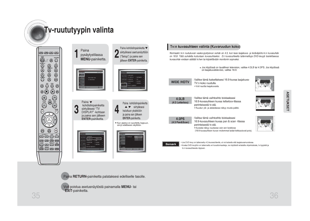 Samsung MM-DA25R/XEE manual Paina Pysäytystilassa MENU-painiketta, Tvn kuvasuhteen valinta Kuvaruudun koko, 43LB, 43PS 