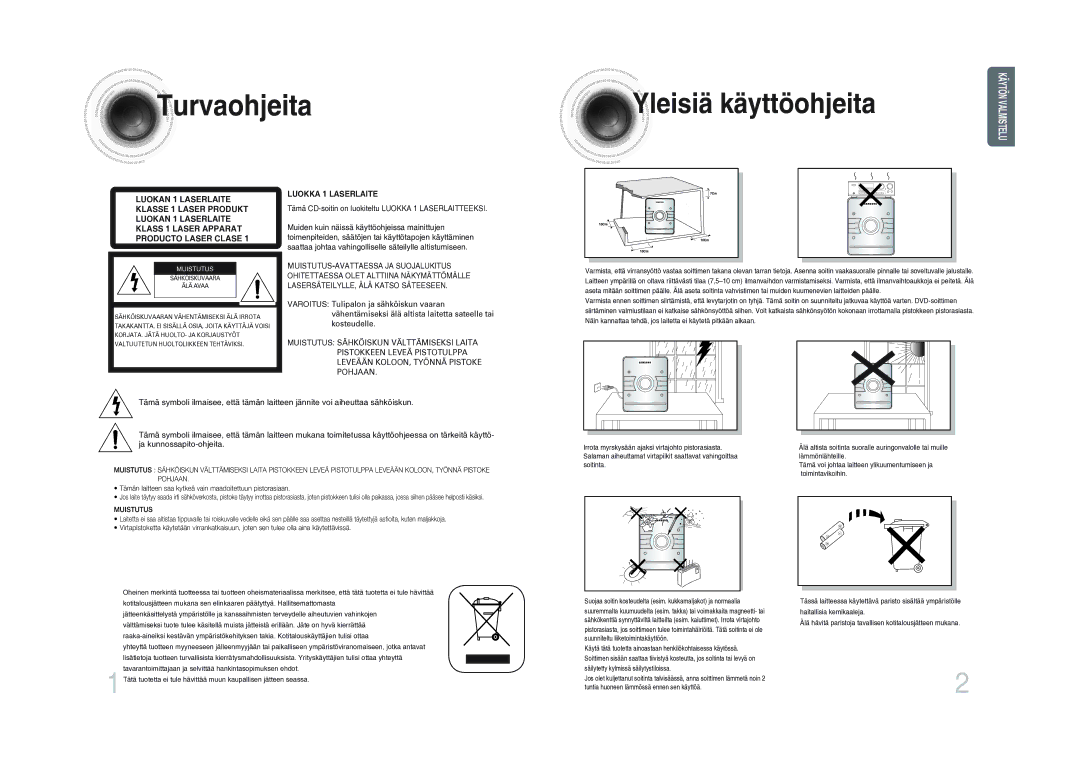 Samsung MM-DA25R/XEE manual Turvaohjeita, Tämä CD-soitin on luokiteltu Luokka 1 Laserlaitteeksi 