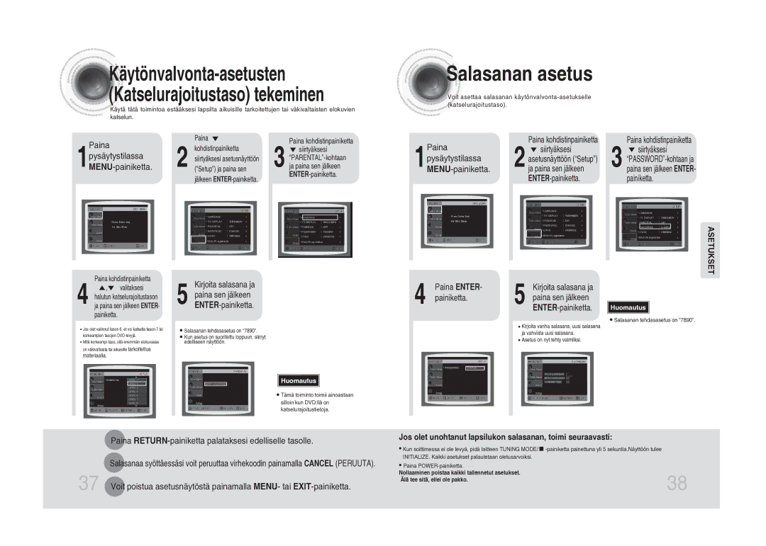 Samsung MM-DA25R/XEE Salasanan asetus, Paina kohdistinpainiketta, Paina RETURN-painiketta palataksesi edelliselle tasolle 