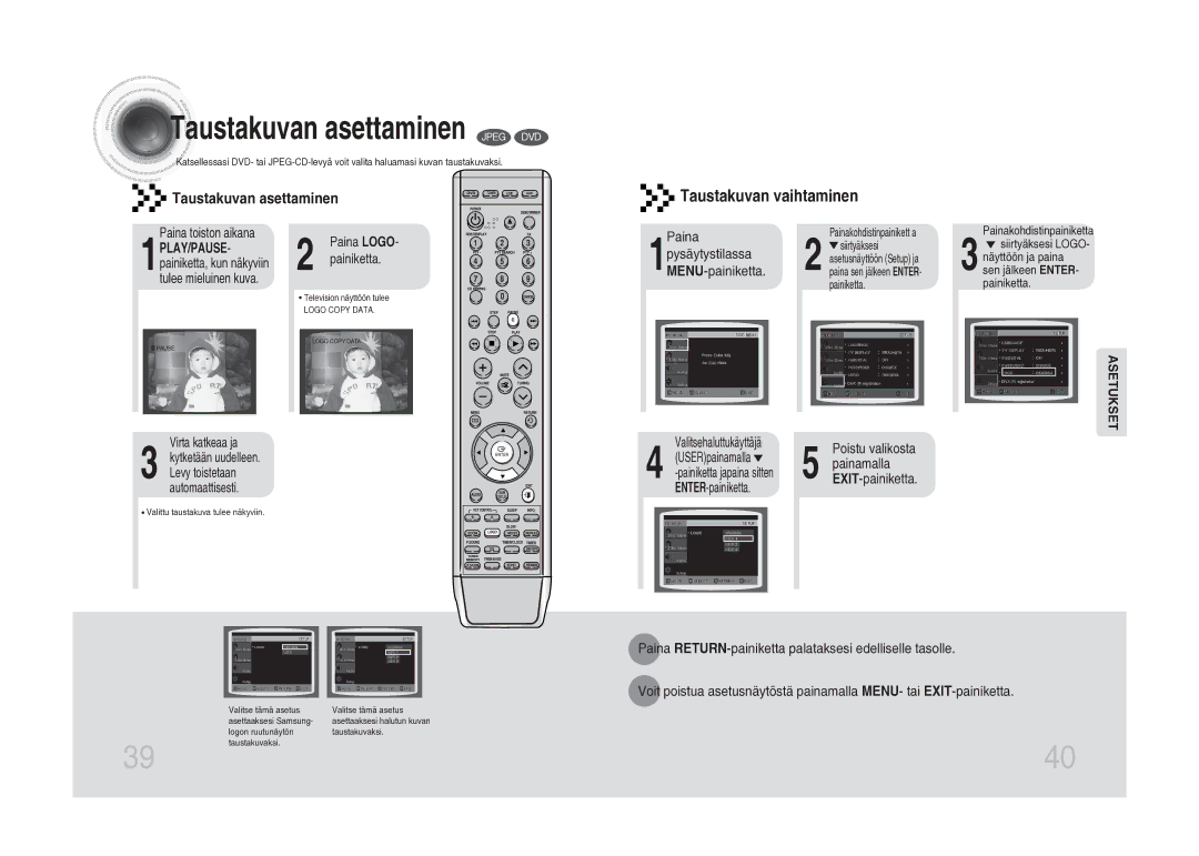 Samsung MM-DA25R/XEE Taustakuvan asettaminen Jpeg DVD, Paina toiston aikana, Virta katkeaa ja, Valitsehaluttukäyttäjä 