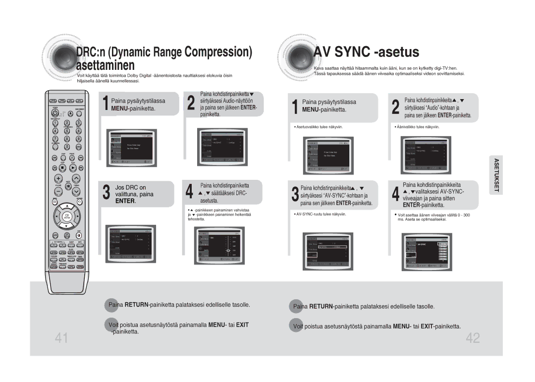 Samsung MM-DA25R/XEE Asettaminen, AV Sync -asetus, Paina pysäytystilassa MENU-painiketta, AV-SYNC-ruutu tulee näkyviin 