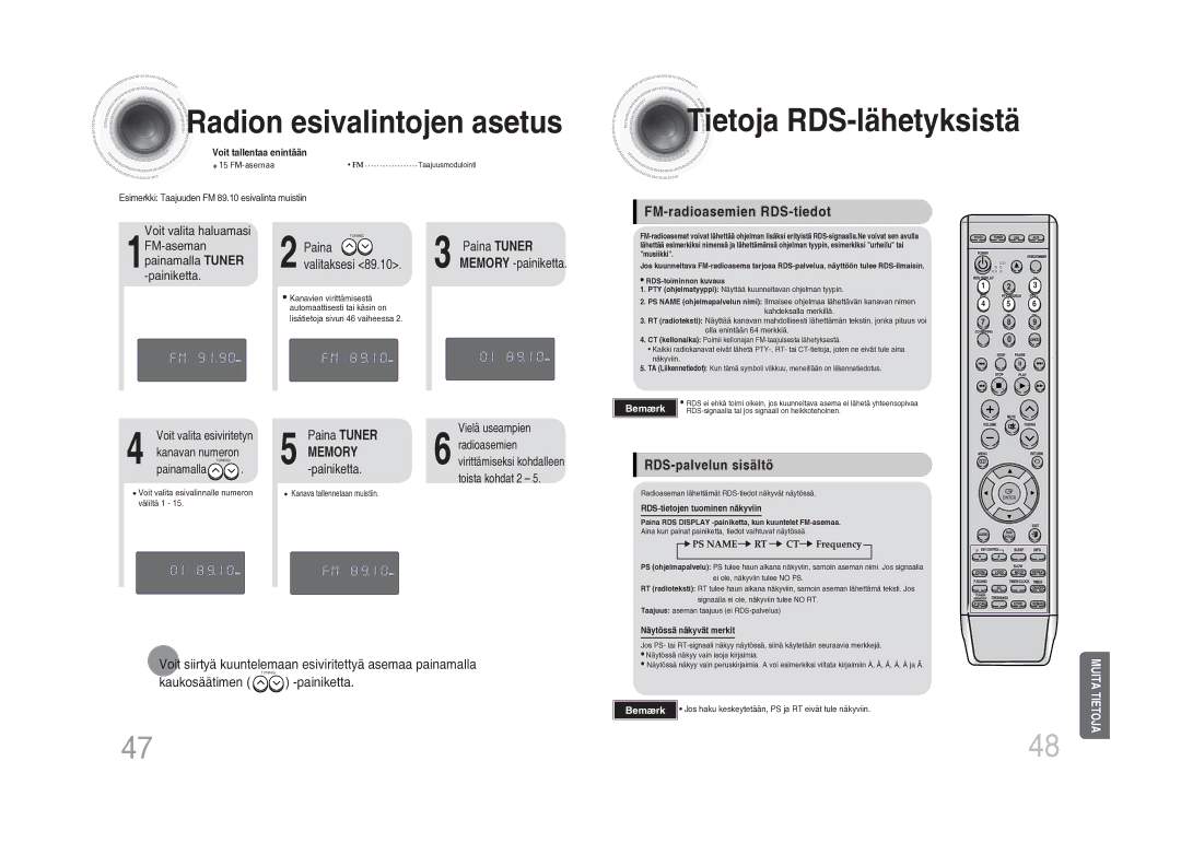 Samsung MM-DA25R/XEE manual Radion esivalintojen asetus, Tietoja RDS-lähetyksistä, FM-radioasemien RDS-tiedot 