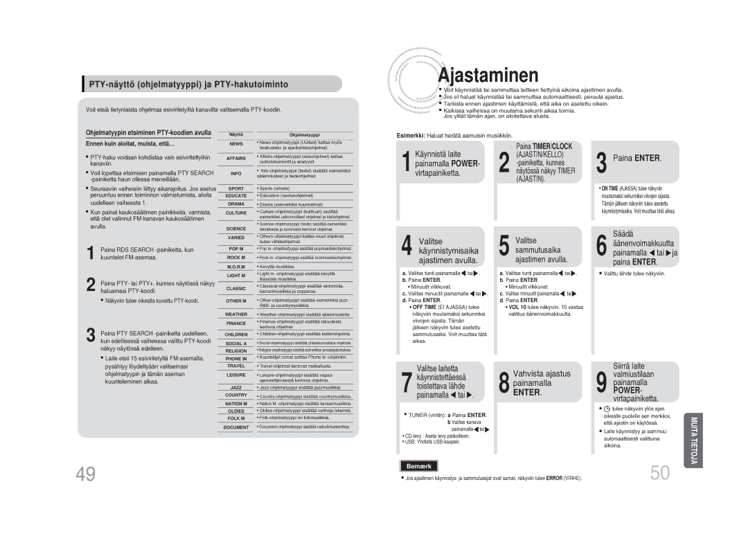 Samsung MM-DA25R/XEE manual Ajastaminen, PTY-näyttö ohjelmatyyppi ja PTY-hakutoiminto, ENTERpaina Enter 