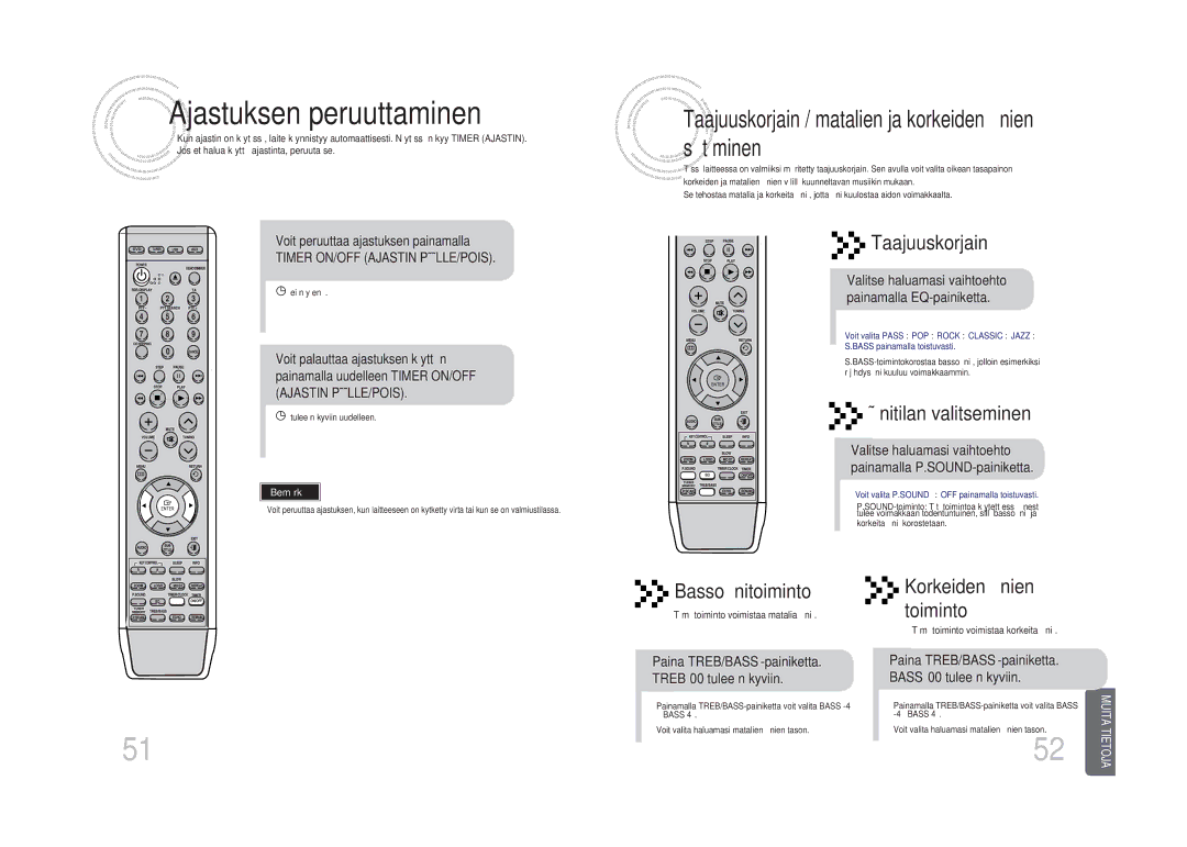 Samsung MM-DA25R/XEE manual Ajastuksen peruuttaminen, Taajuuskorjain, Äänitilan valitseminen, Bassoäänitoiminto 