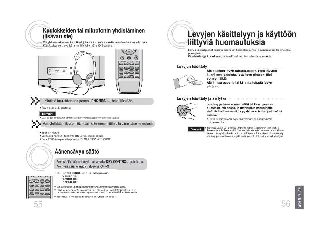 Samsung MM-DA25R/XEE Levyjen käsittely, Yhdistä kuulokkeet etupaneeli PHONES-kuulokeliitäntään, Matala ääni # korkea ääni 