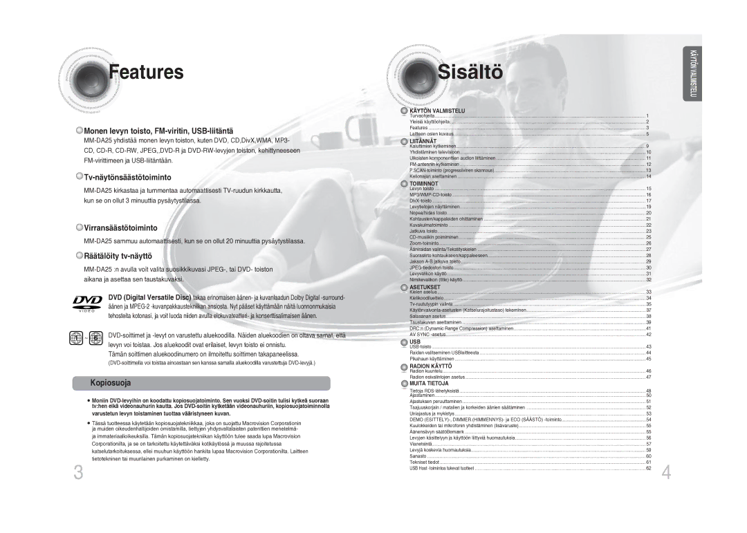 Samsung MM-DA25R/XEE manual Features, Sisältö, Kopiosuoja 