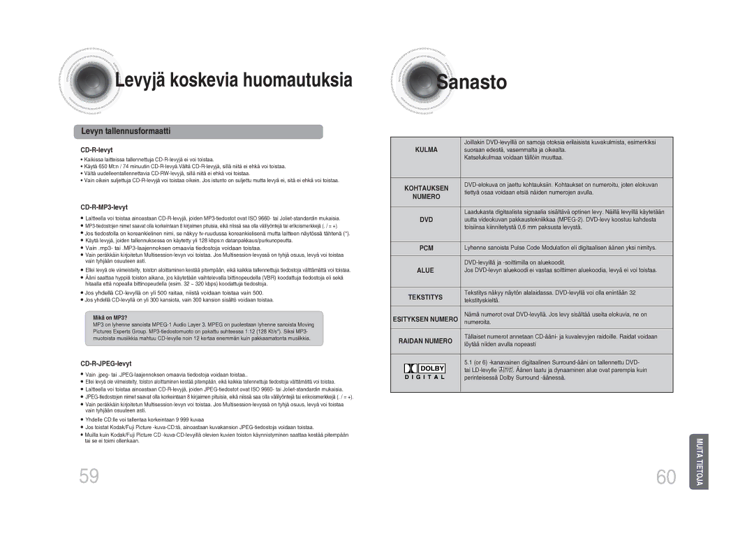 Samsung MM-DA25R/XEE manual Sanasto, Levyn tallennusformaatti, Mikä on MP3?, Tekstityskieltä 