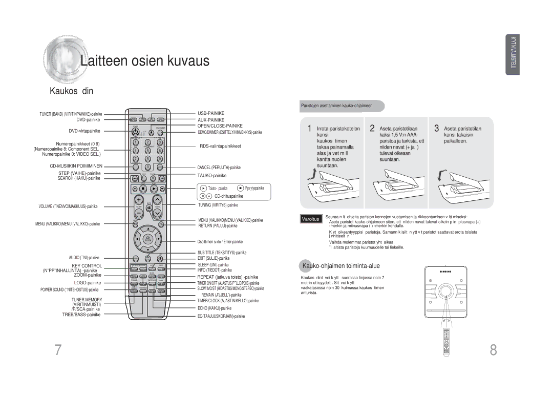 Samsung MM-DA25R/XEE manual Kaukosäädin, Kauko-ohjaimen toiminta-alue 