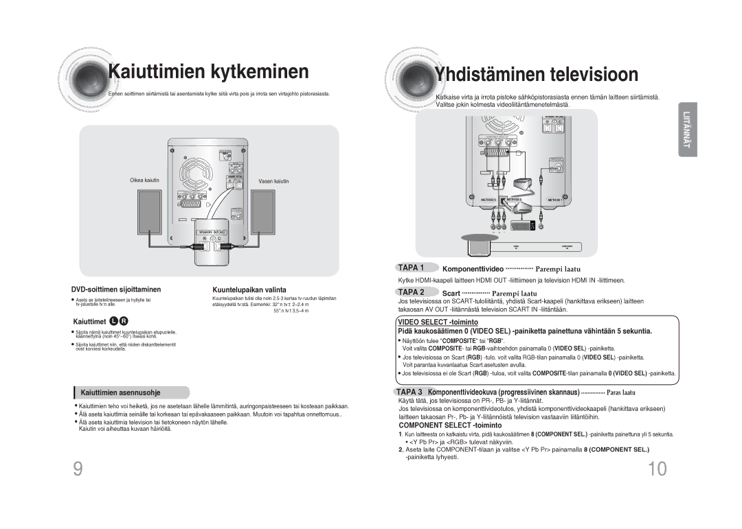 Samsung MM-DA25R/XEE manual Kaiuttimien kytkeminen, Yhdistäminen televisioon 