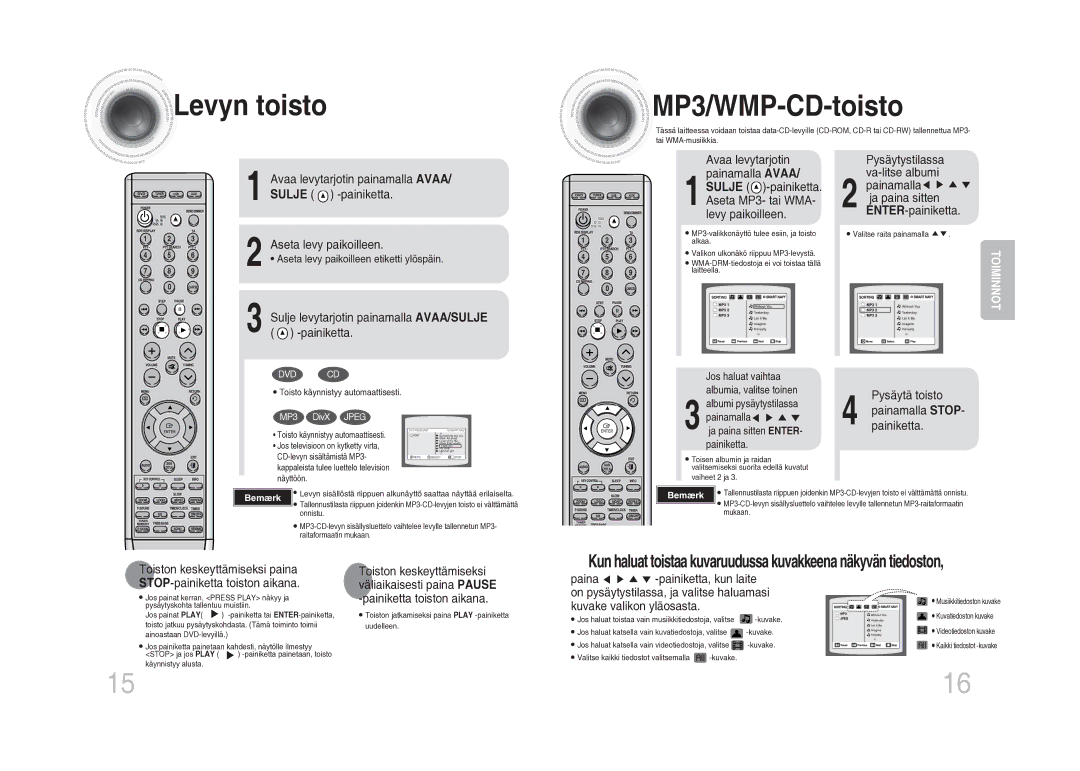 Samsung MM-DA25R/XEE Levyn toisto MP3/WMP-CD-toisto, Sulje -levytarjotinpainiketta.painamalla AVAA/SULJE, Pysäytä toisto 