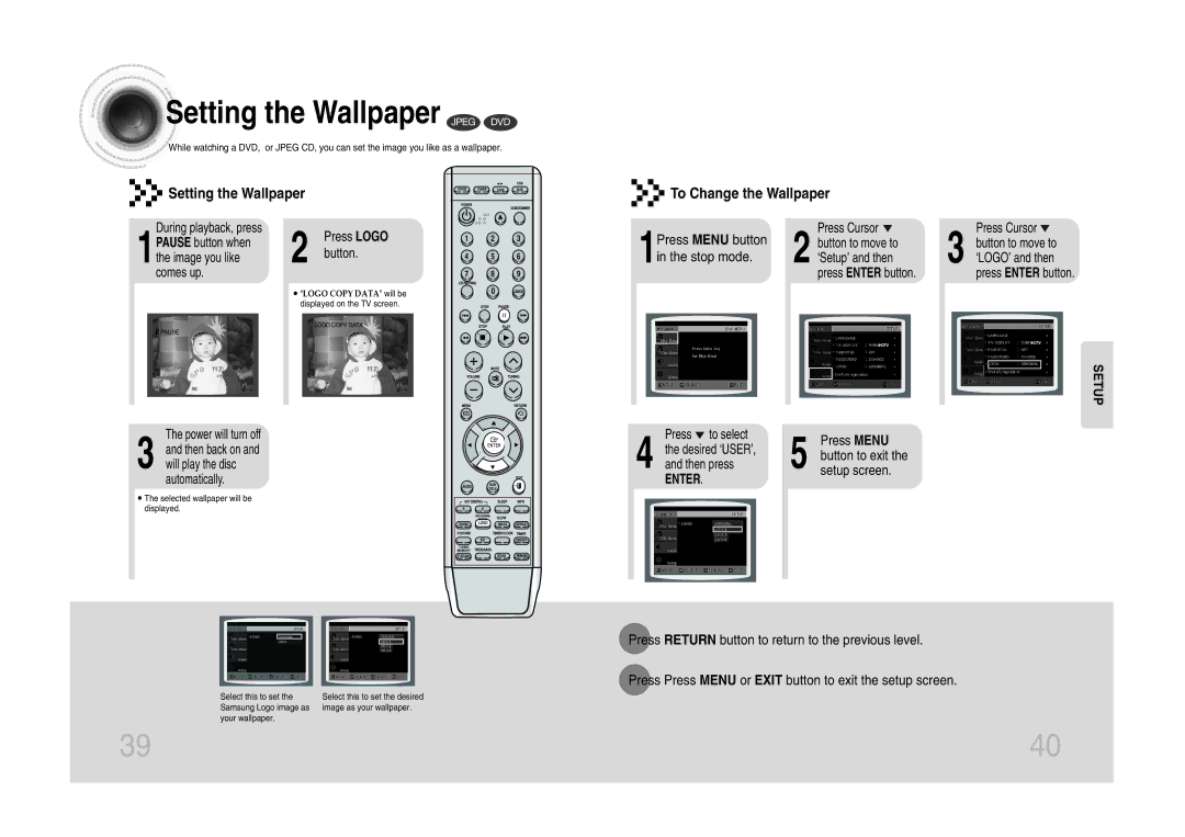 Samsung MM-DA25T/UMG, MM-DA25T/FMC, MM-DA25T/MEA manual Setting the Wallpaper Jpeg DVD 