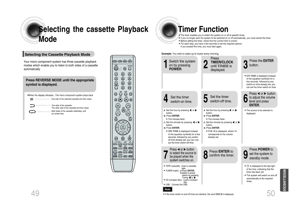 Samsung MM-DA25T/MEA, MM-DA25T/UMG, MM-DA25T/FMC manual Selecting the cassette Playback Mode, Timer Function, Timer/Clock 