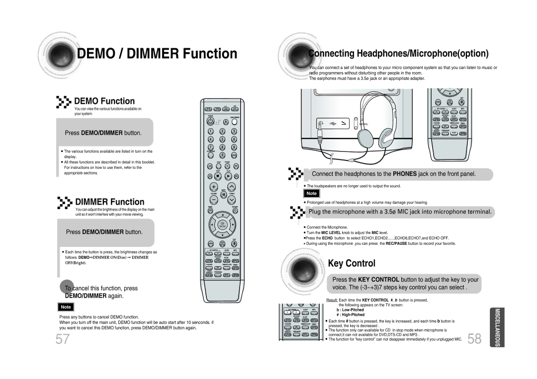 Samsung MM-DA25T/UMG Demo / Dimmer Function, Press DEMO/DIMMER button, To cancel this function, press, DEMO/DIMMER again 